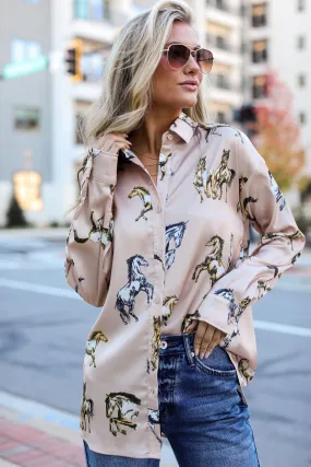 FINAL SALE - Ride With Me Blush Horse Button-Up Blouse