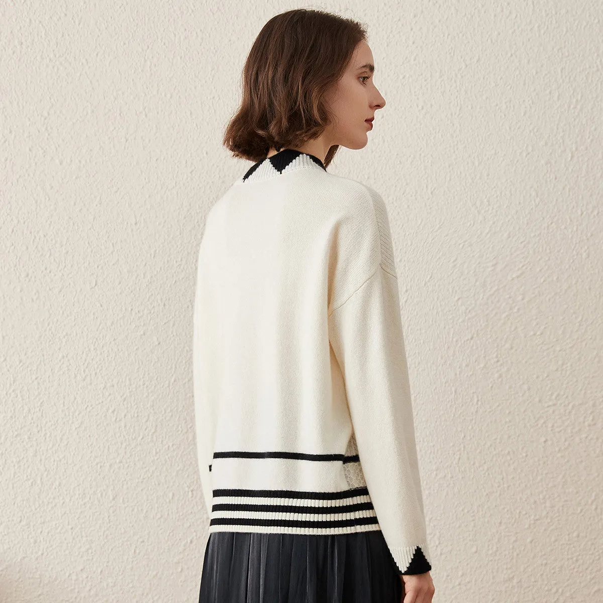 100% Cashmere Contrast Jacquard Mock Neck Sweater