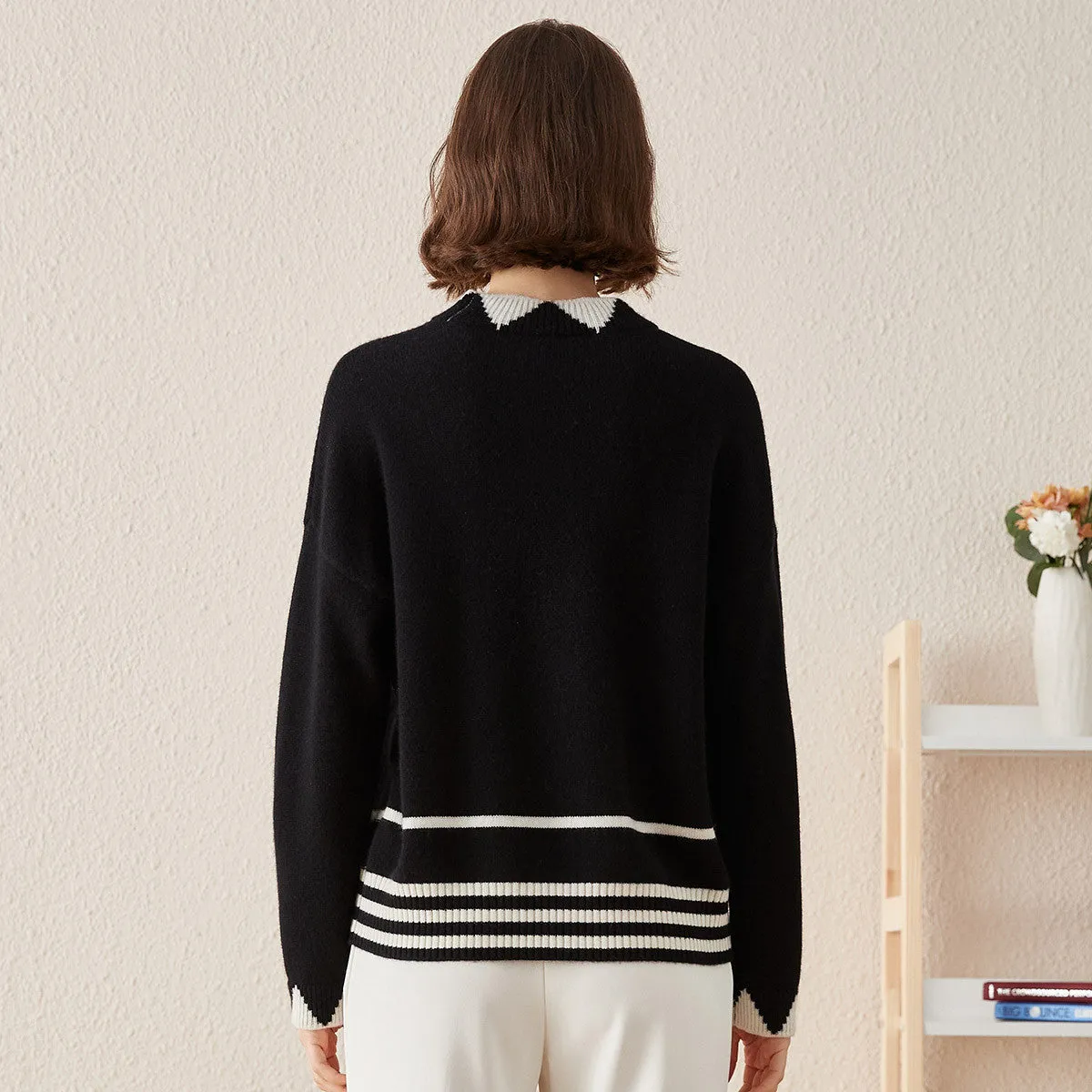 100% Cashmere Contrast Jacquard Mock Neck Sweater