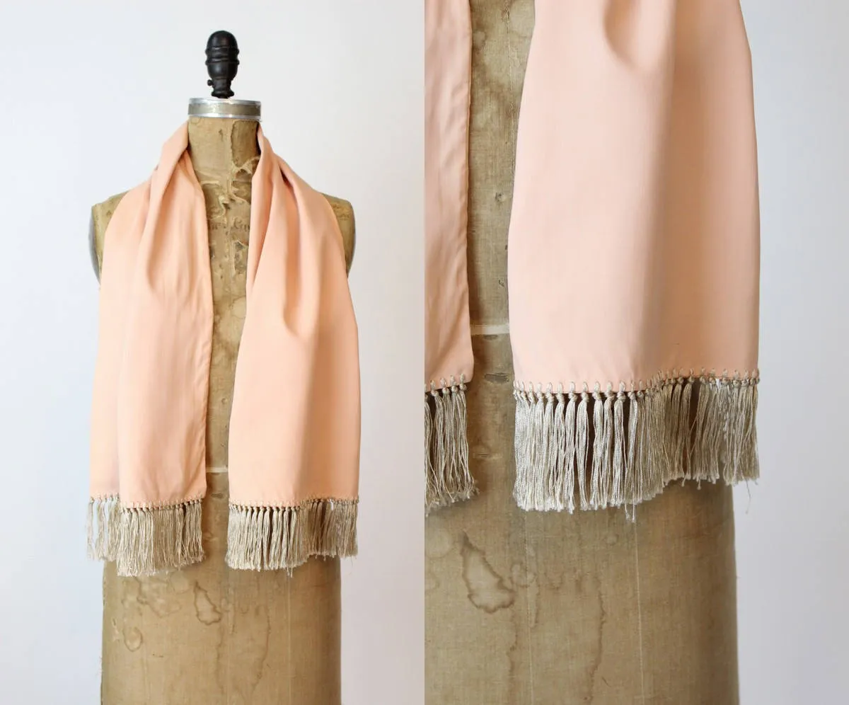 1940s peach rayon fringed scarf vintage wrap | new fall