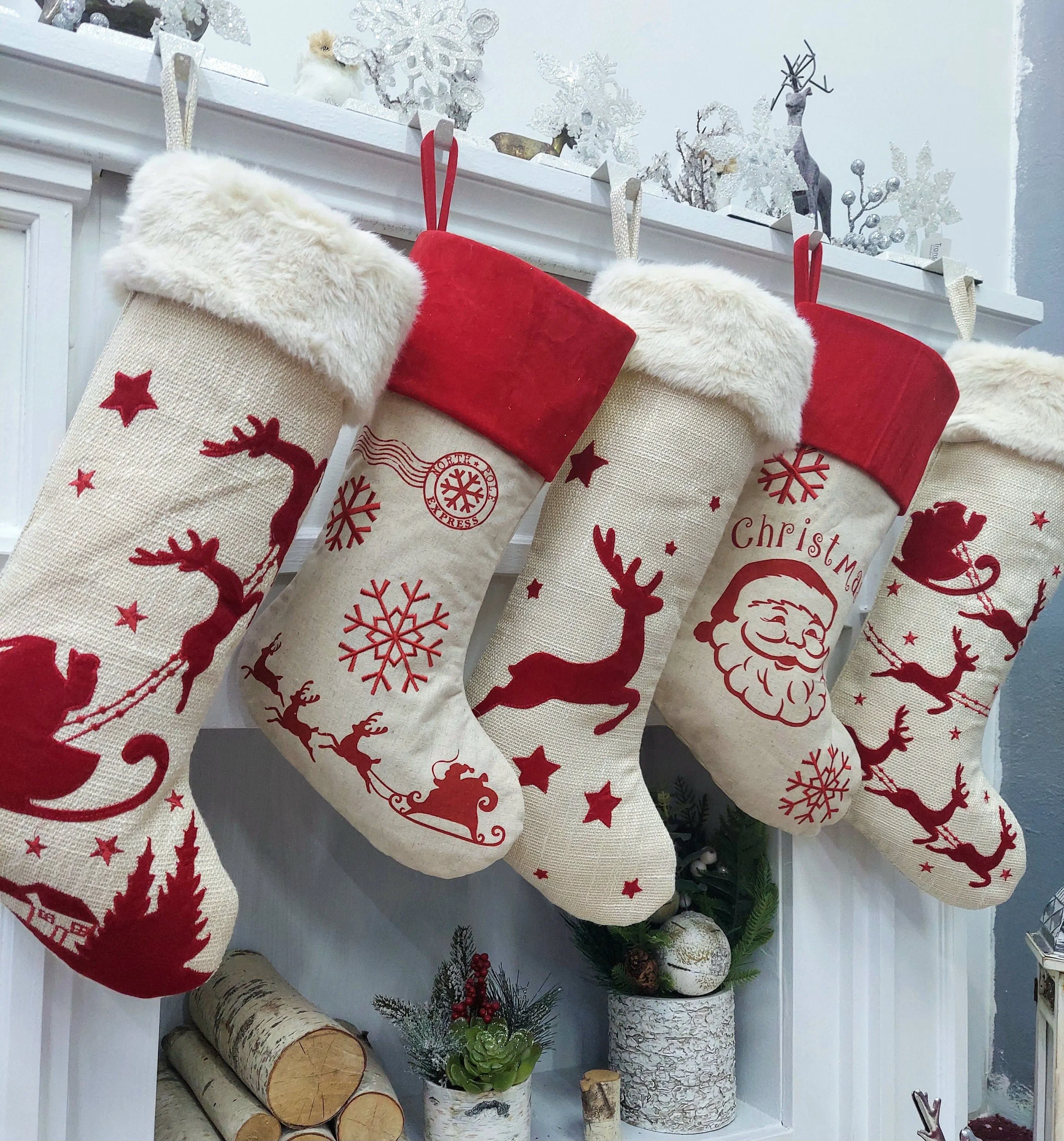 19" Red/Black/White Plaid Christmas Stockings with Sherpa Cuff Modern Farmhouse Personalized Stockings Family Xmas Tartan Wood Name Tag