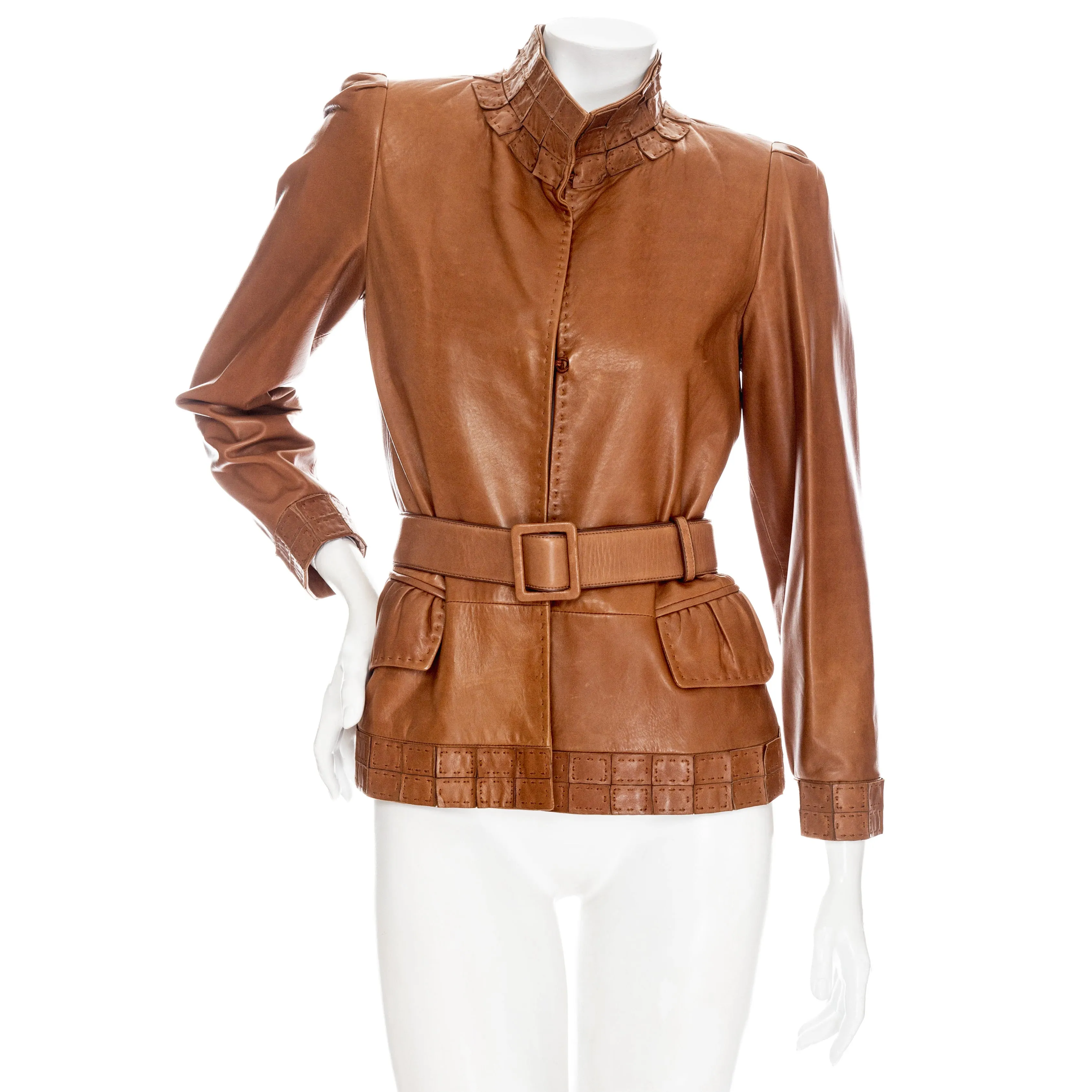 2000s Brown Leather Belted Stand Collar Jacket