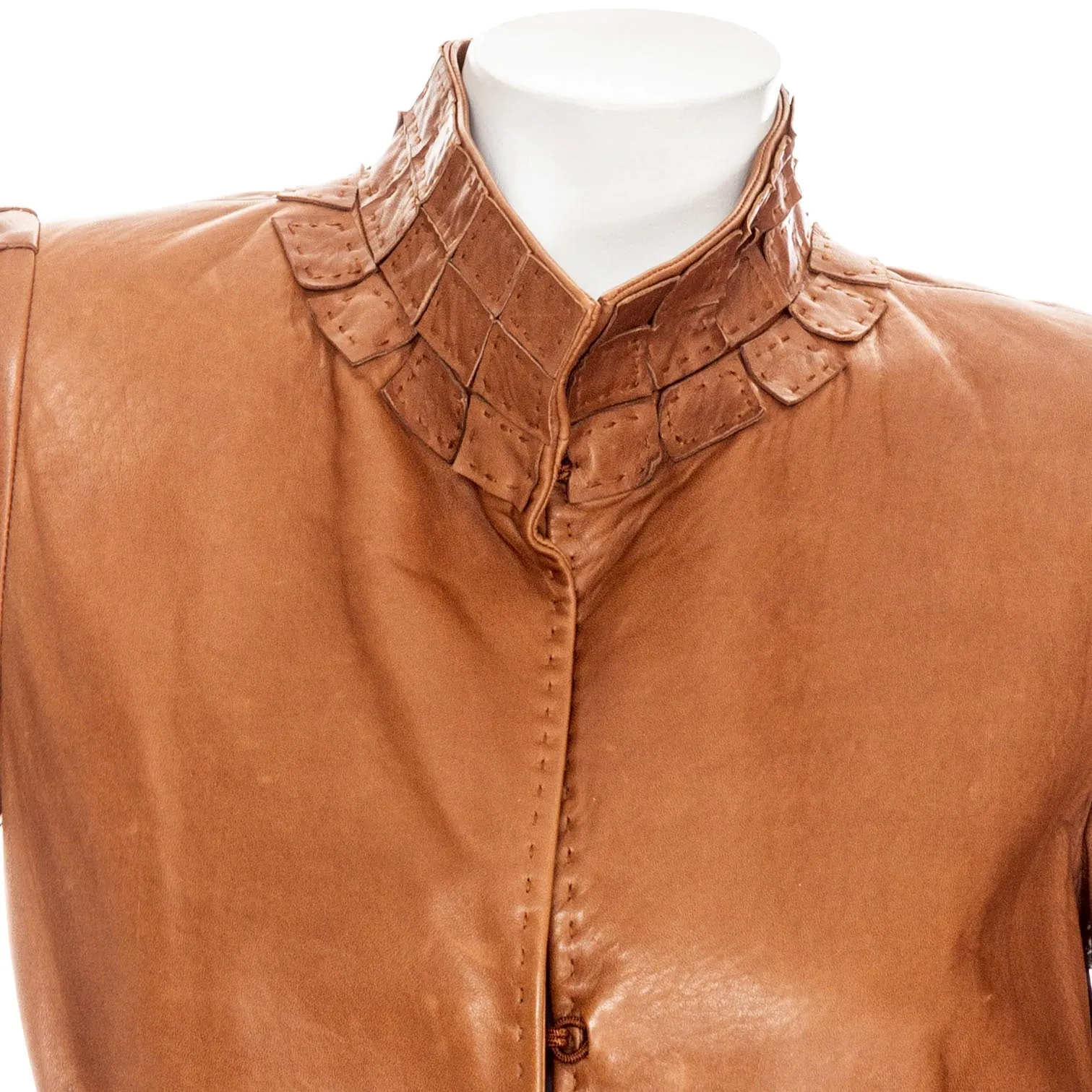 2000s Brown Leather Belted Stand Collar Jacket