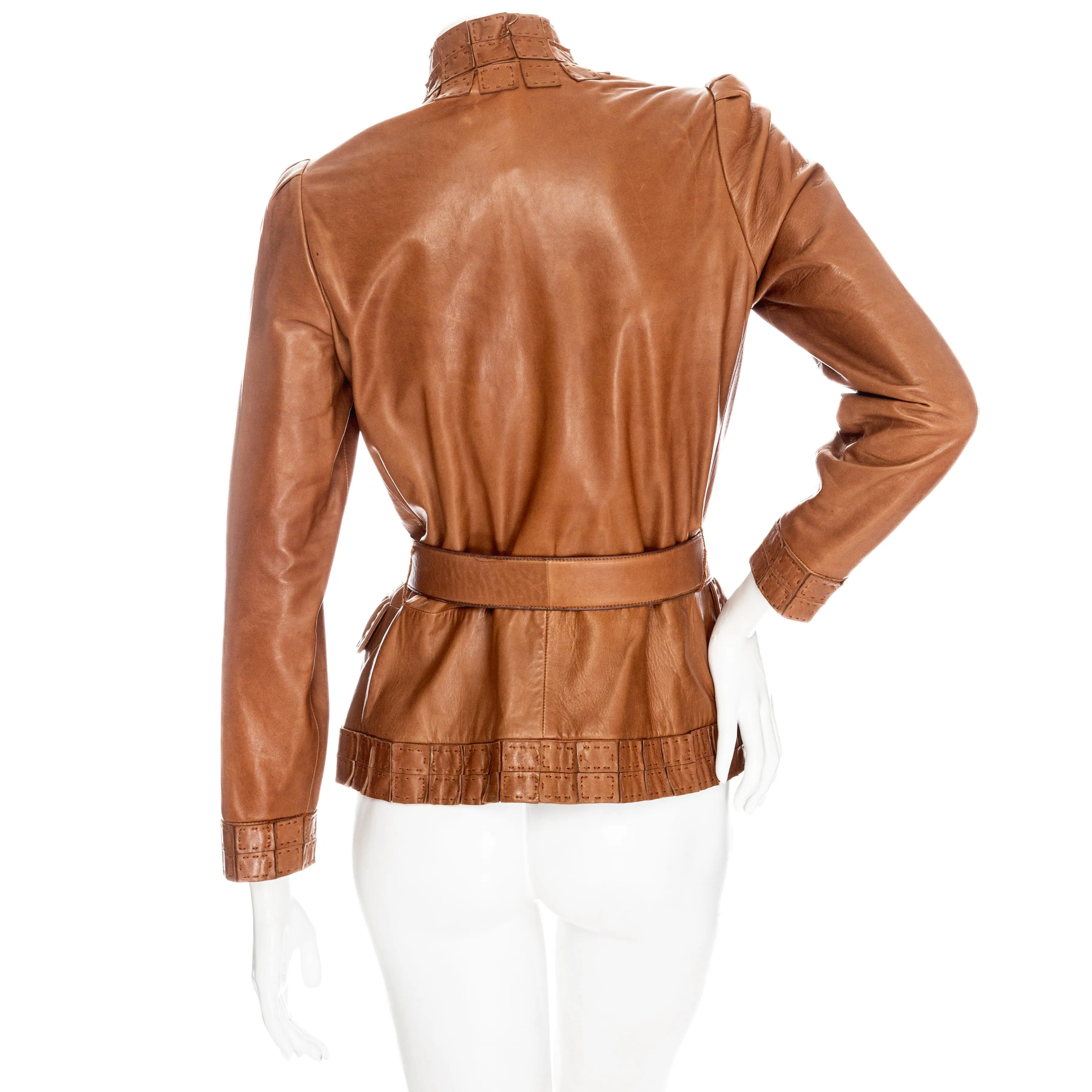 2000s Brown Leather Belted Stand Collar Jacket