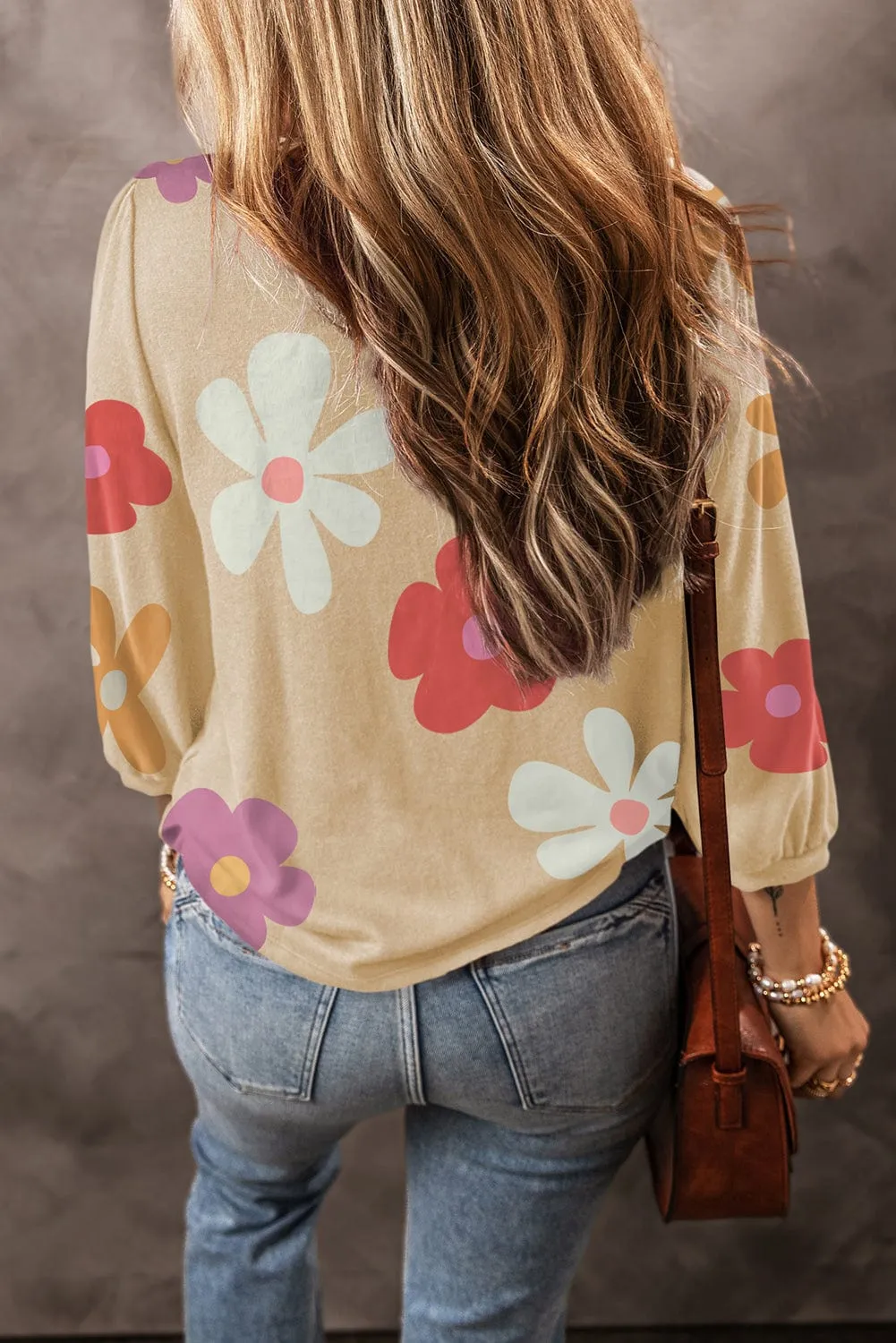 Apricot Floral Print Bracelet Sleeve Top for Women