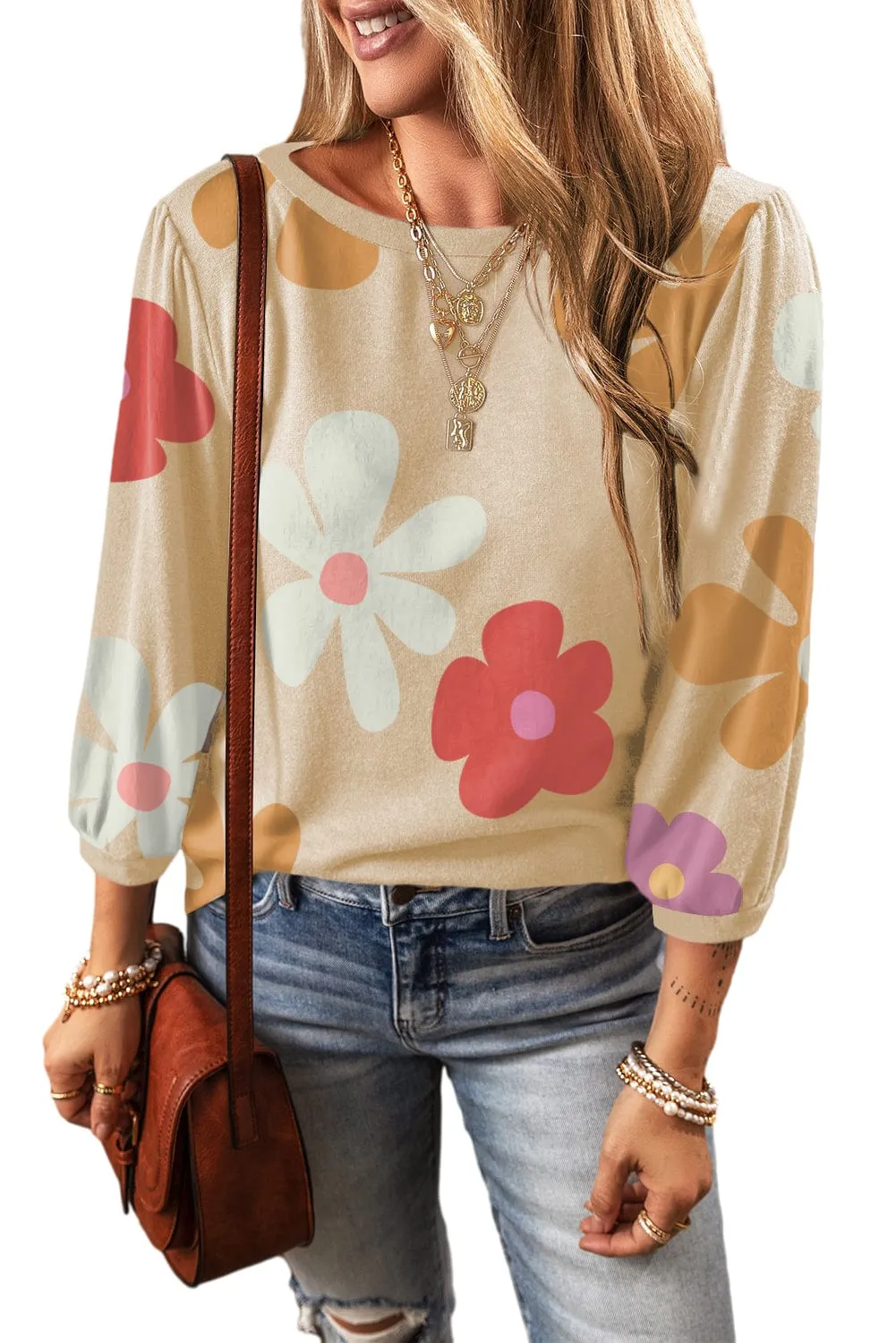 Apricot Floral Print Bracelet Sleeve Top for Women