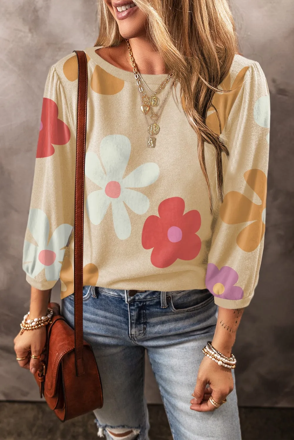 Apricot Floral Print Bracelet Sleeve Top for Women