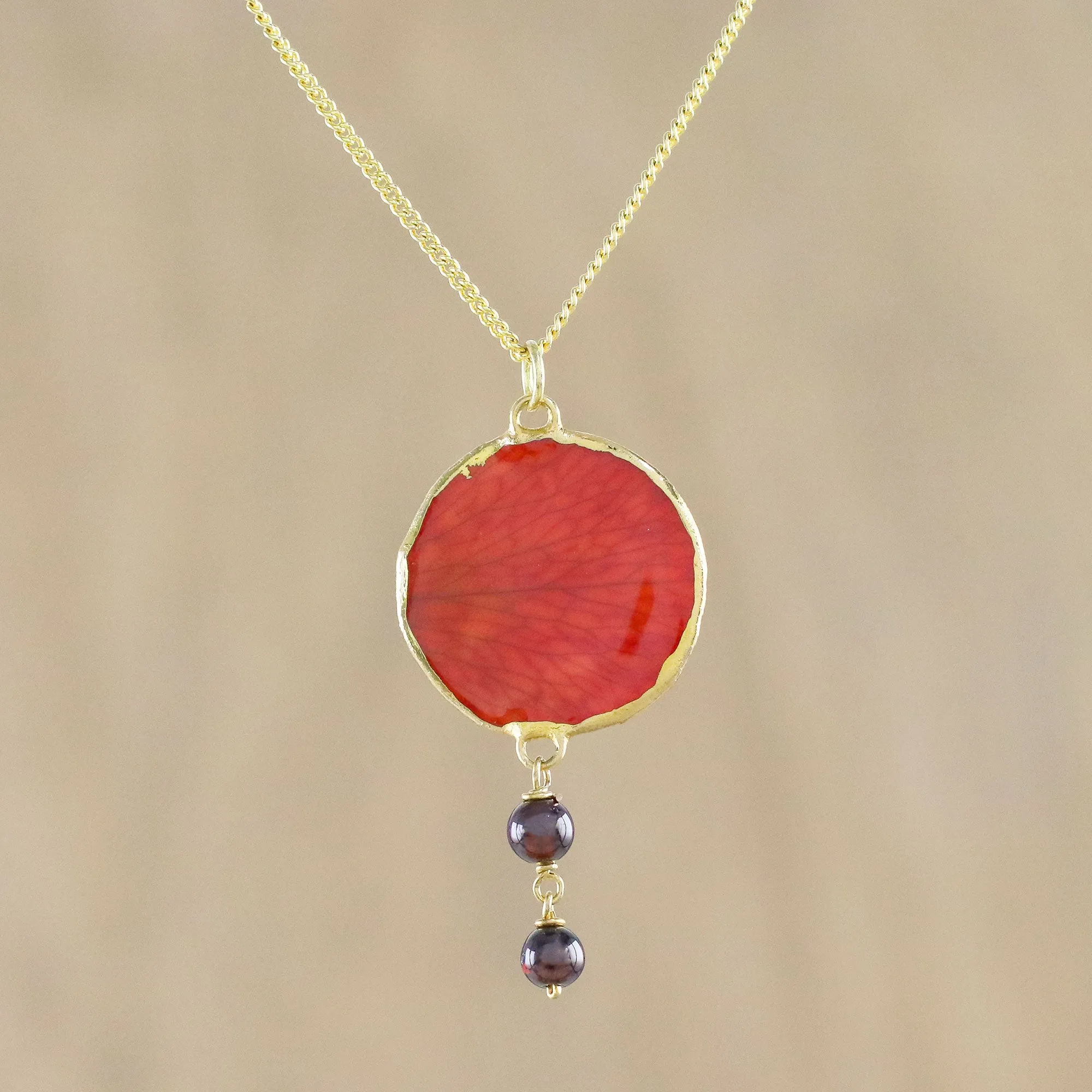 Autumn Red Rose Garnet and Gold Plated Natural Rose Petal Pendant Necklace