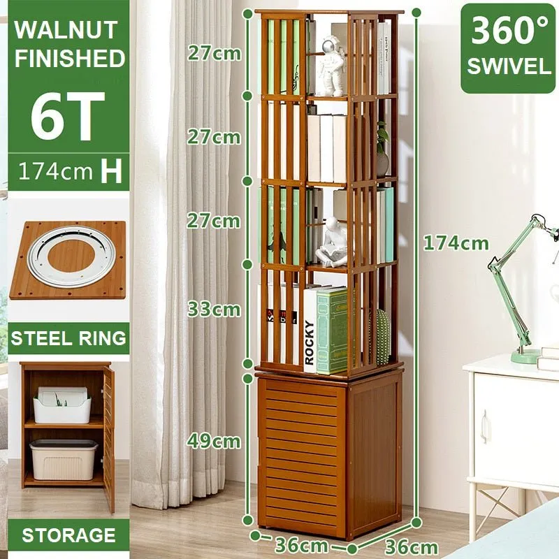 Bamboo 6 Tiers Open Bookcase with Door, Spinning Bookshelf Display Rack for Home