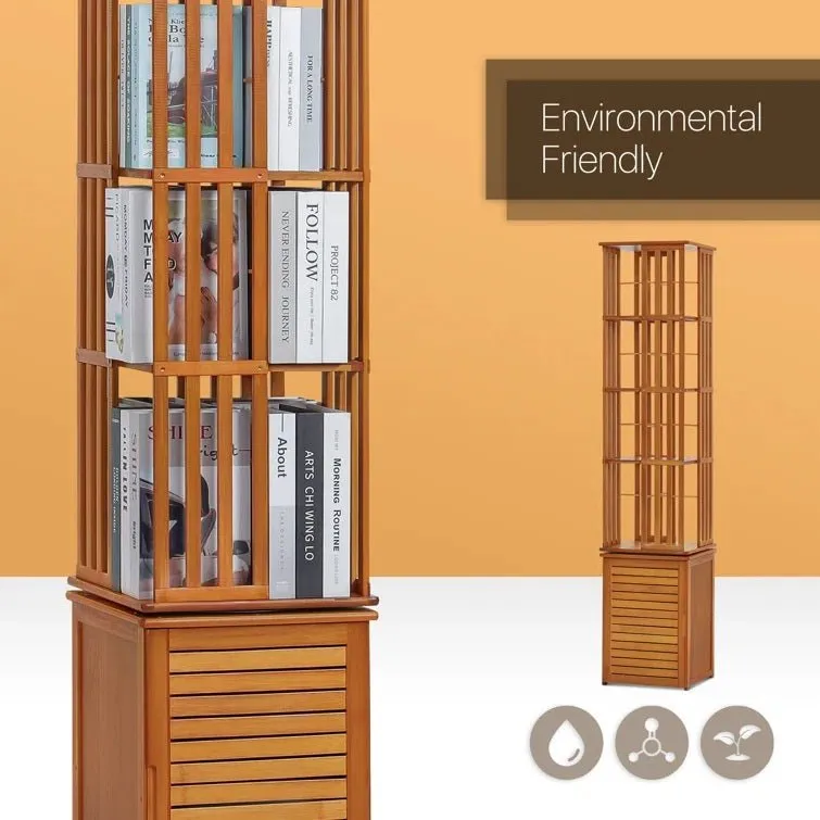 Bamboo 6 Tiers Open Bookcase with Door, Spinning Bookshelf Display Rack for Home