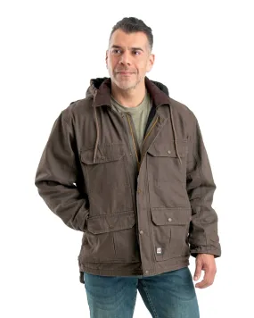 Berne Mens Washed Zip-Off Hooded Work Dark Khaki 100% Cotton Coat