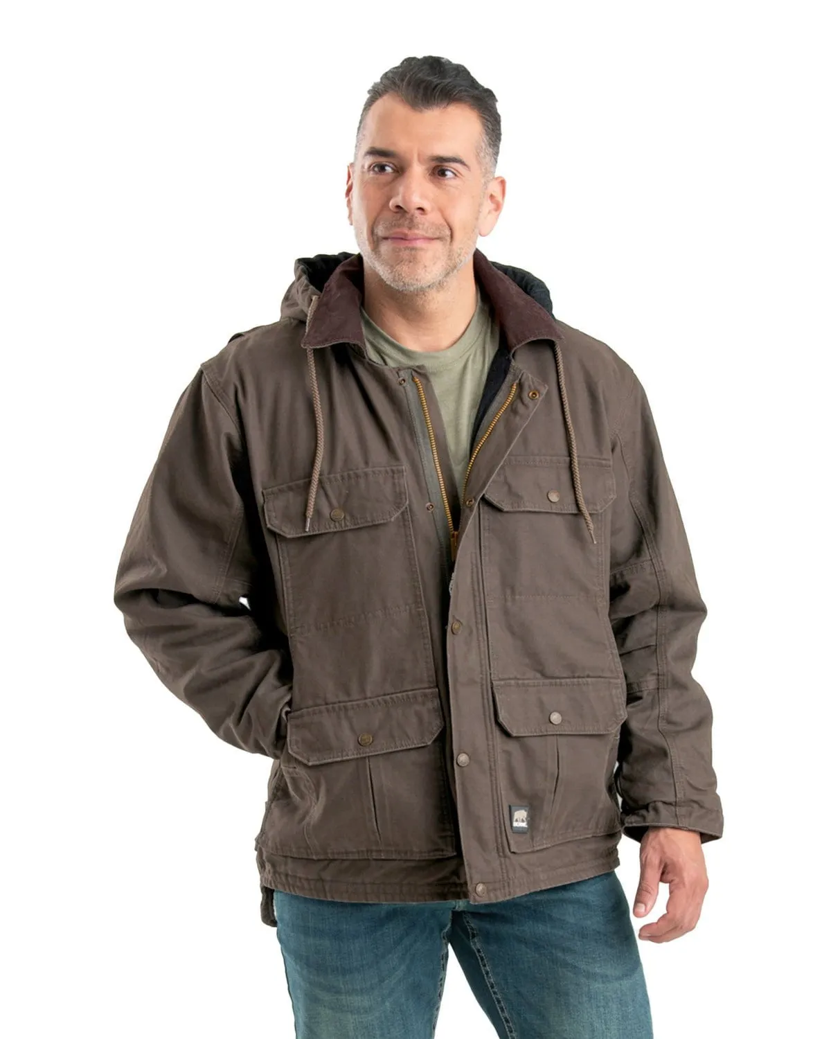 Berne Mens Washed Zip-Off Hooded Work Dark Khaki 100% Cotton Coat