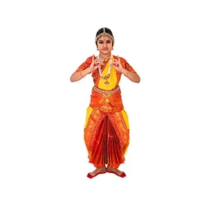 Bharatnatyam Readymade Yellow & Orange China Silk for Fancy Dress/Costume Competitions/School Events/Annual Functions