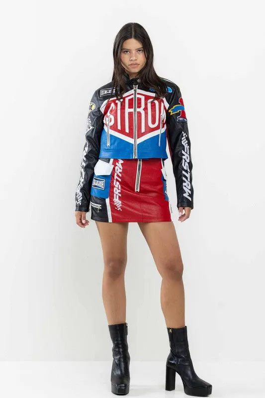 Black Leather Racing Cropped Jacket