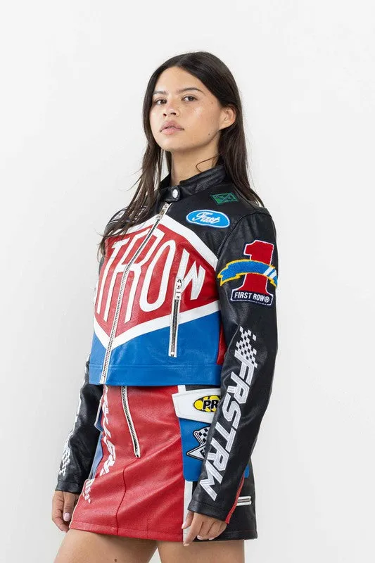 Black Leather Racing Cropped Jacket