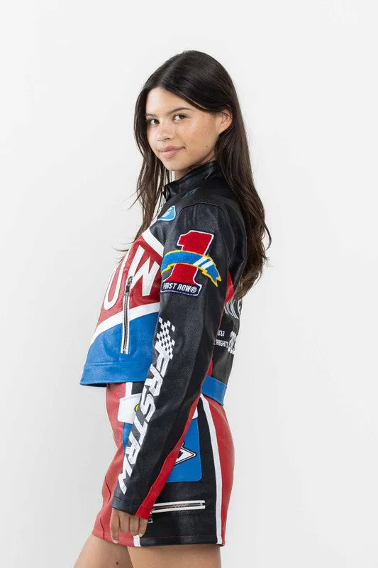 Black Leather Racing Cropped Jacket