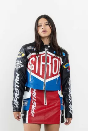 Black Leather Racing Cropped Jacket