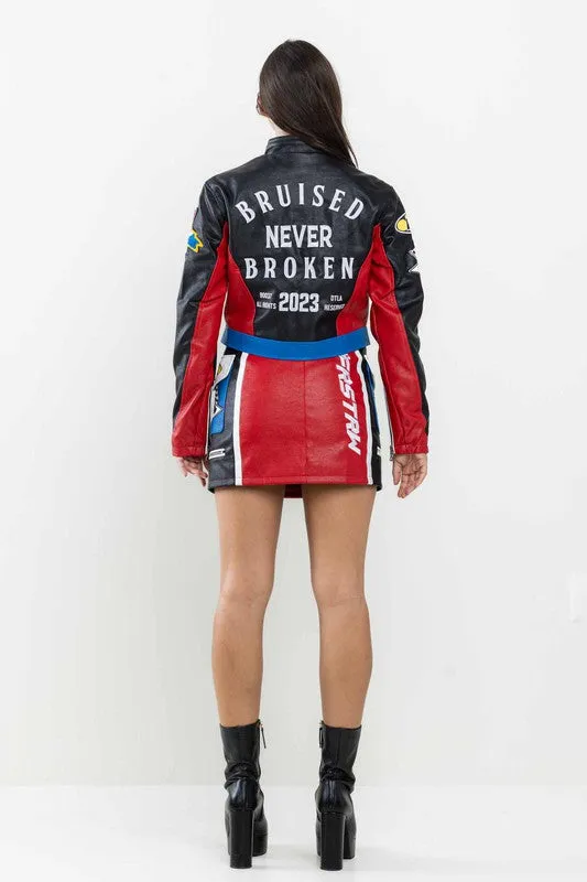 Black Leather Racing Cropped Jacket