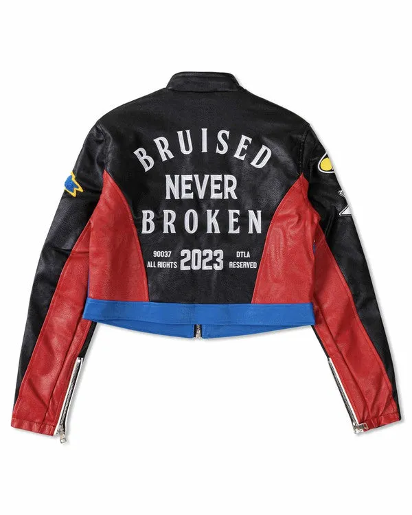 Black Leather Racing Cropped Jacket