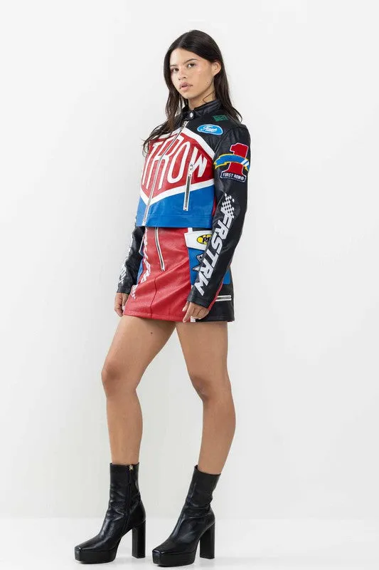 Black Leather Racing Cropped Jacket