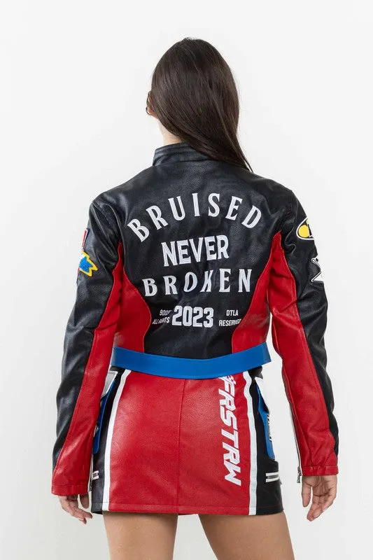 Black Leather Racing Cropped Jacket