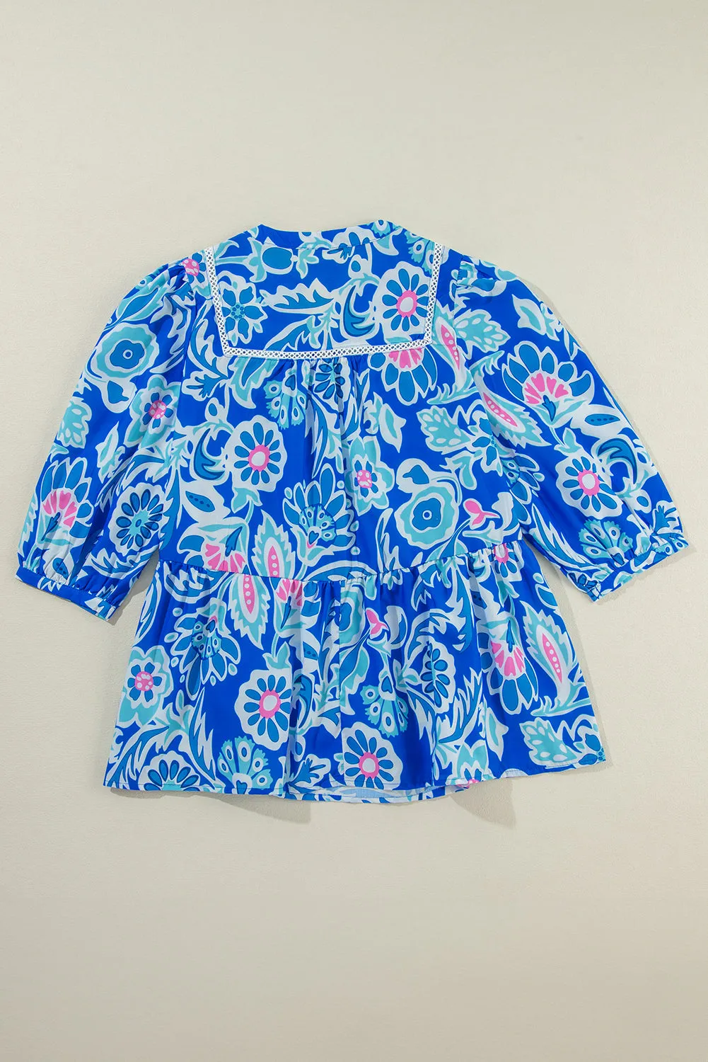 Blue Boho Floral Print V Neck Peplum Blouse