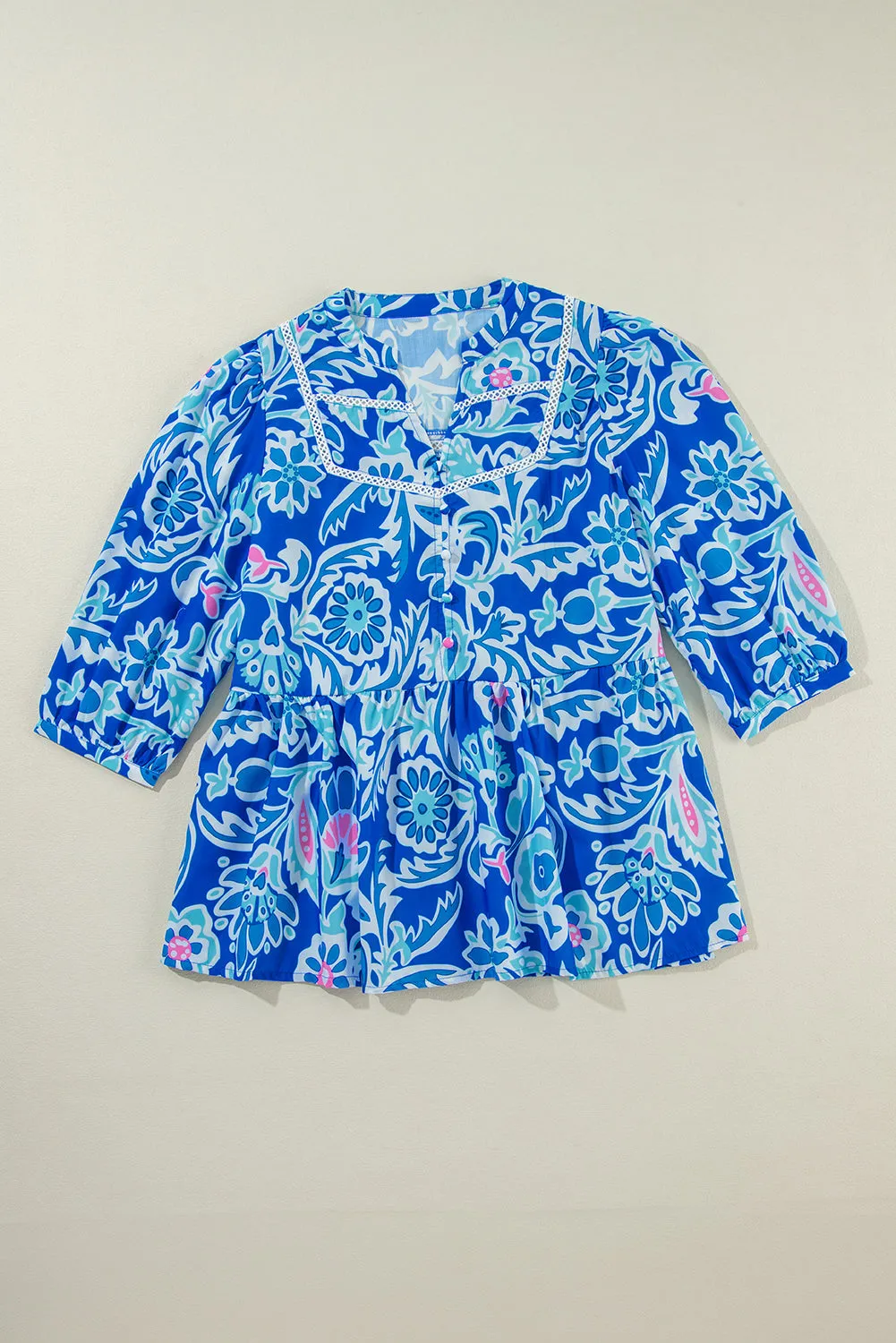 Blue Boho Floral Print V Neck Peplum Blouse