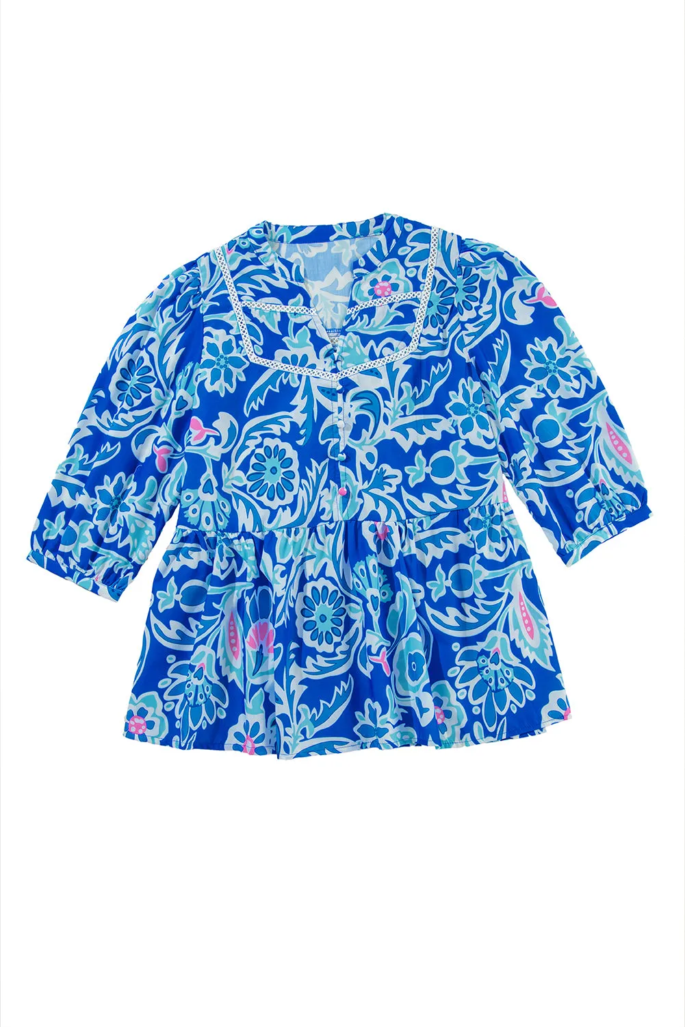 Blue Boho Floral Print V Neck Peplum Blouse