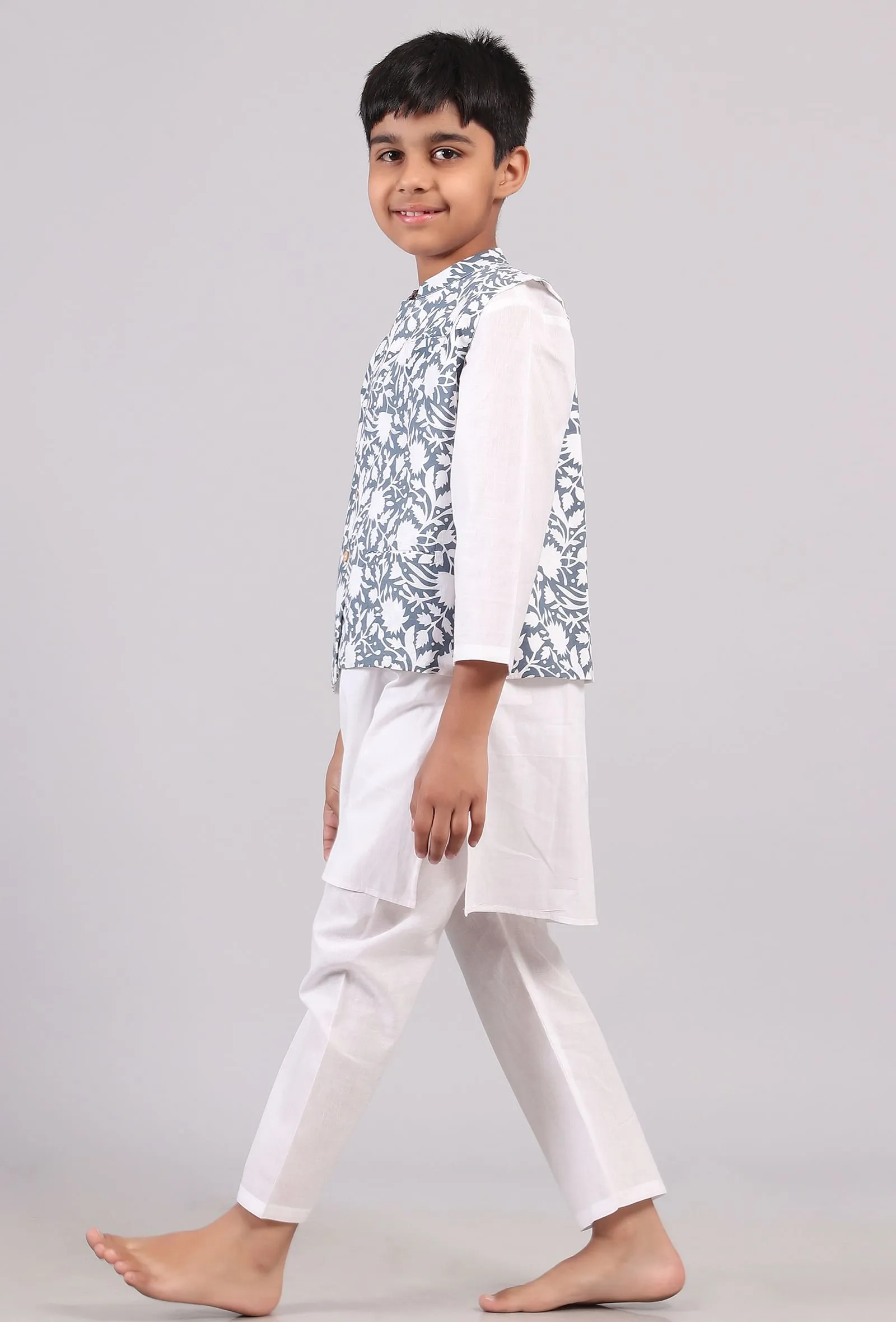 Blue Floral Nehru Cotton Jacket