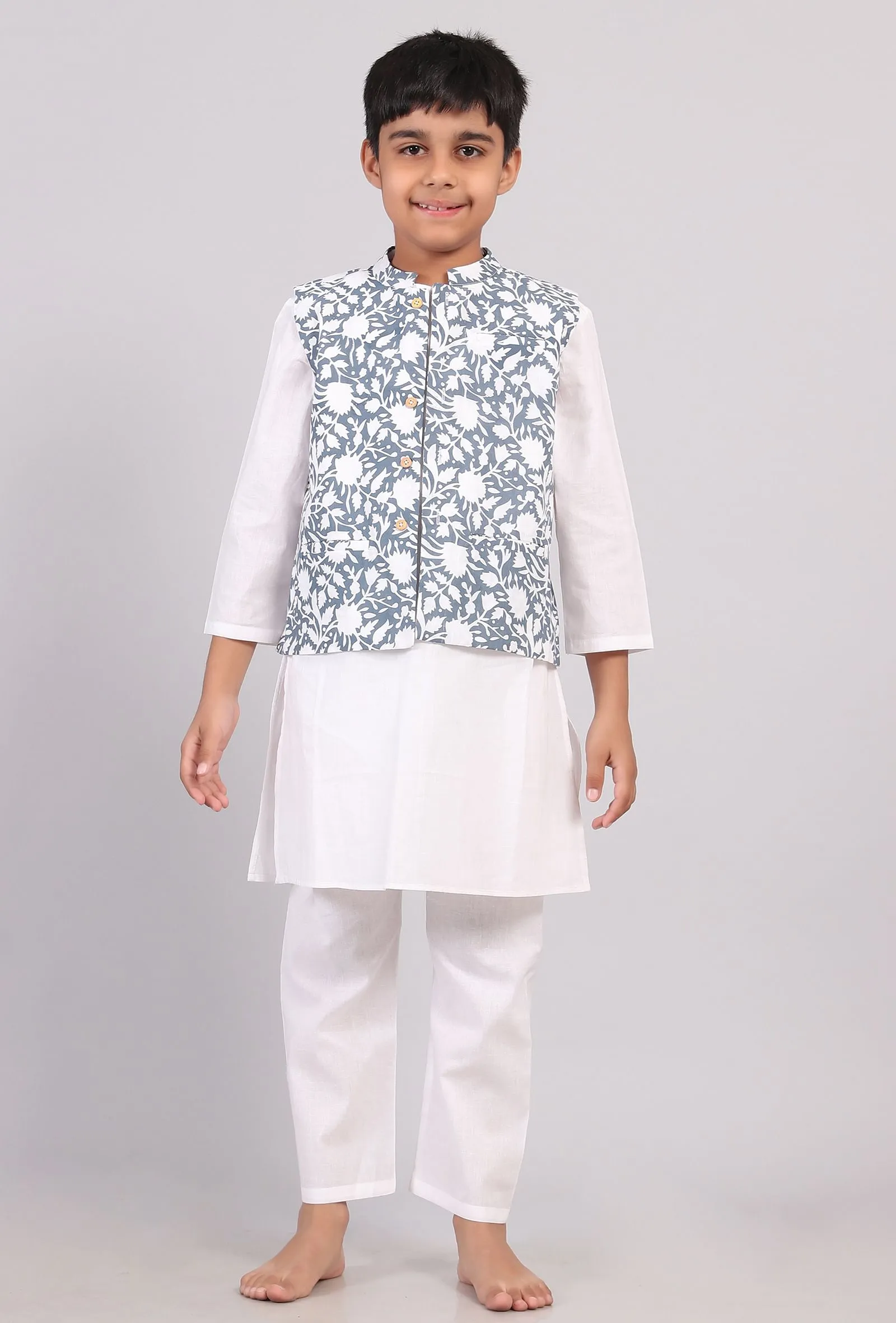 Blue Floral Nehru Cotton Jacket