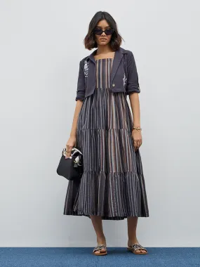 Bombay Paisley Black Stripe Tiered Cotton Dress with Jacket