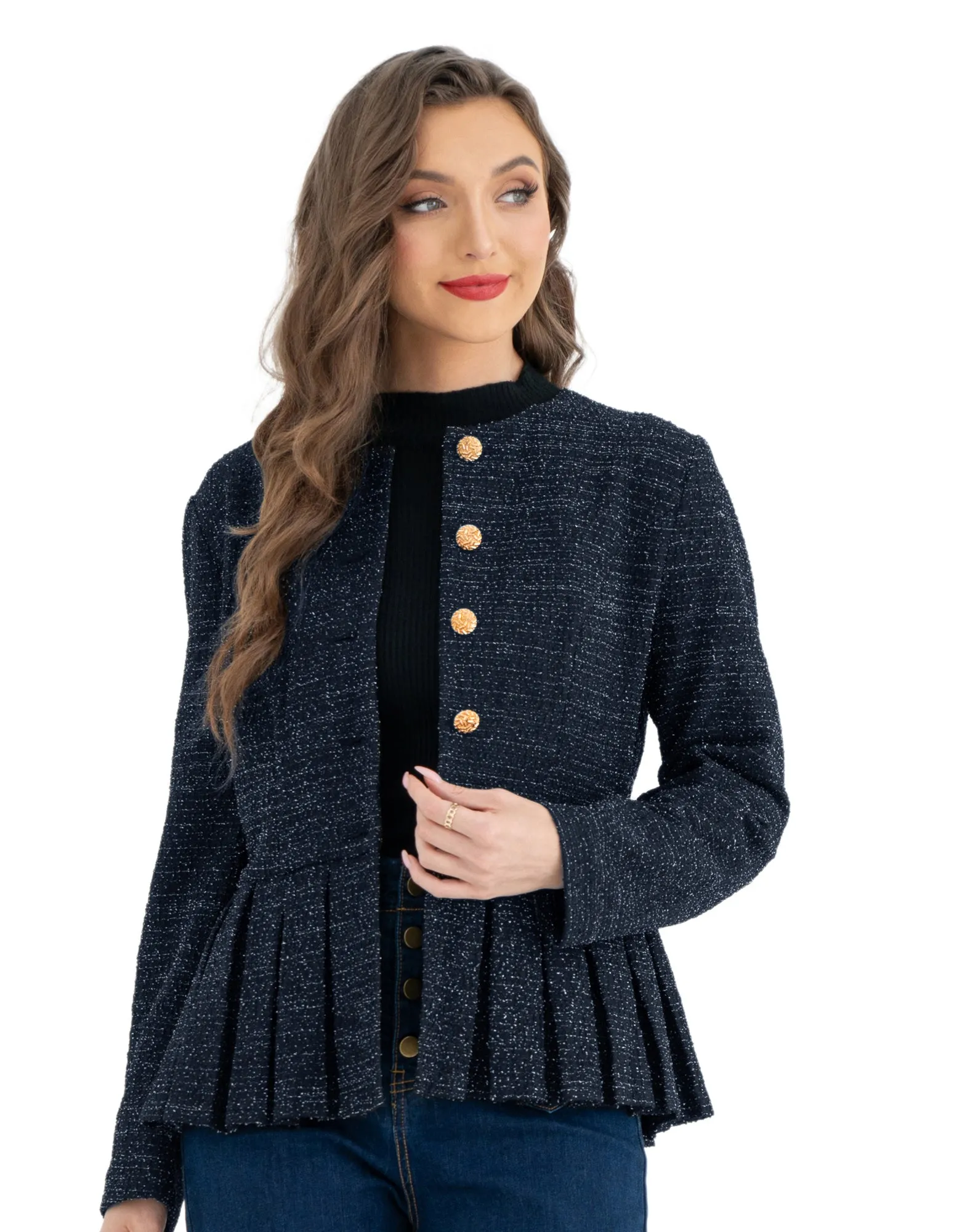 BP Women Vintage Tweed Coat Long Sleeve Crew Neck Pleated Hem Jacket