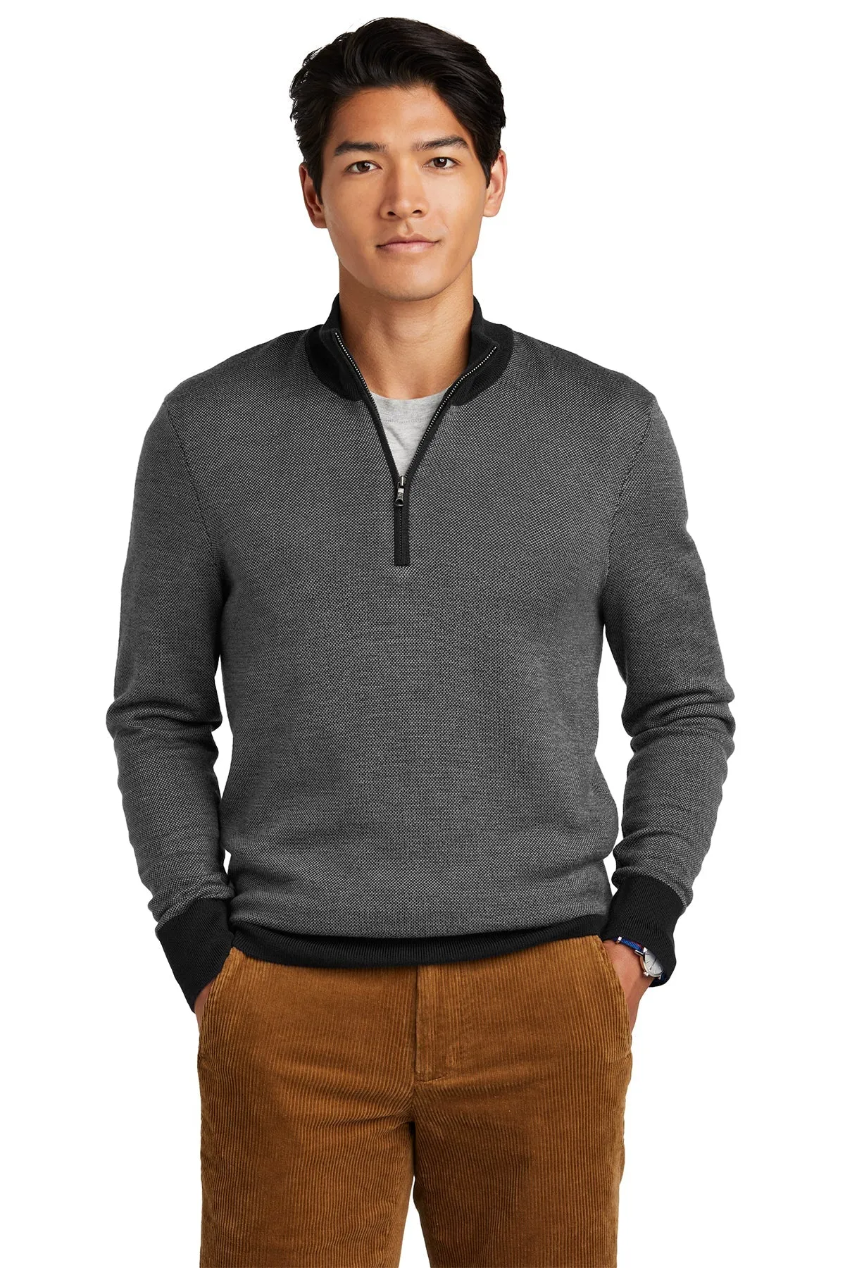 Brooks Brothers Washable Merino Birdseye Custom 1/4-Zip Sweaters, Deep Black/ Shadow Grey