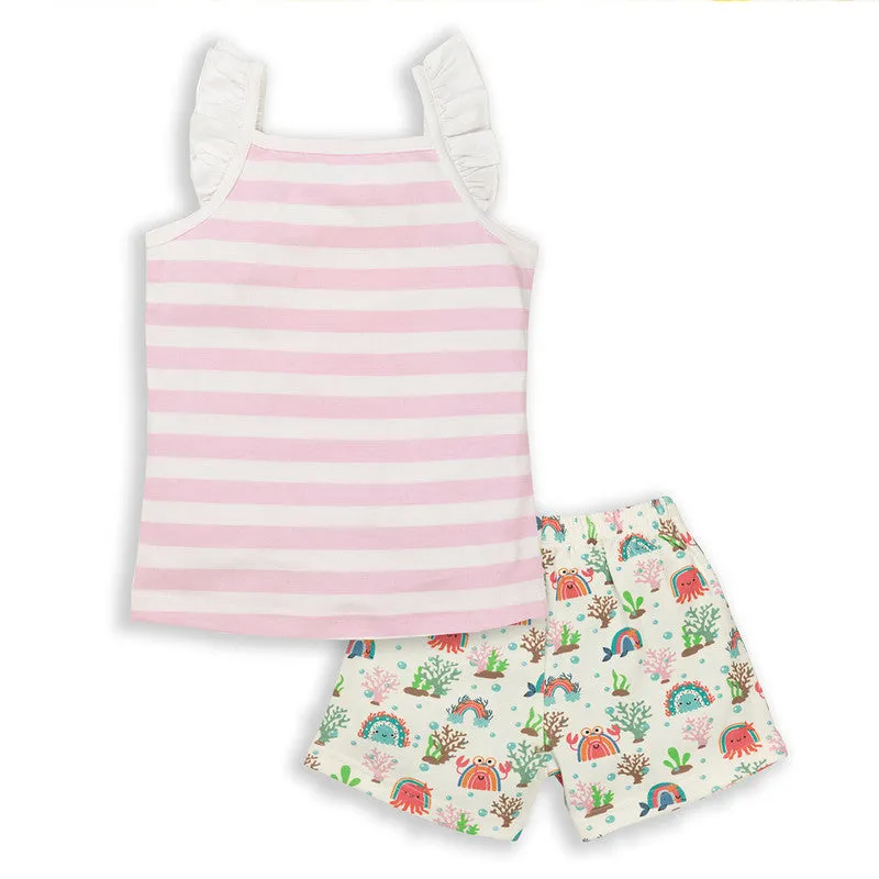 Cotton Camisole Top & Shorts Sets For Kids | Sea Life Printed | Pink & White