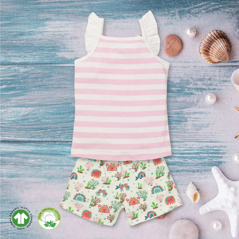 Cotton Camisole Top & Shorts Sets For Kids | Sea Life Printed | Pink & White