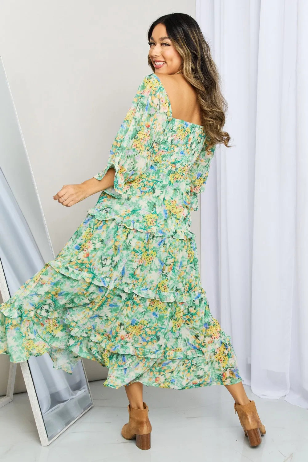 Davi & Dani Floral Frill Trim Square Neck Midi Dress