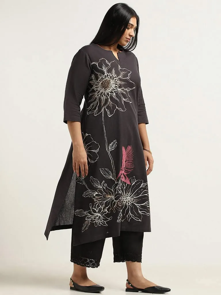 Diza Black Floral Printed Blended Linen Kurta