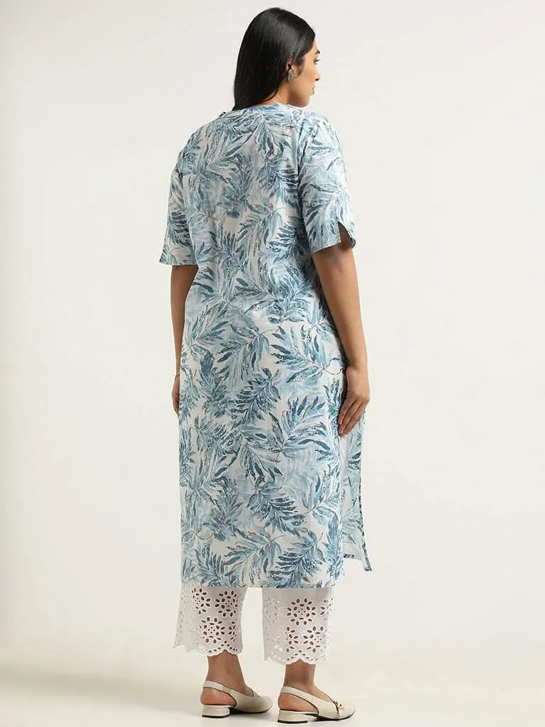 Diza Blue Leaf Printed Cotton Kurta