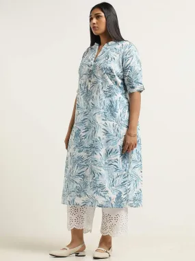 Diza Blue Leaf Printed Cotton Kurta