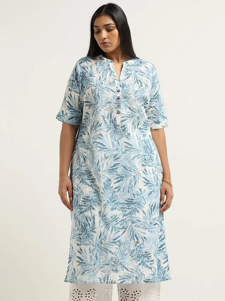 Diza Blue Leaf Printed Cotton Kurta