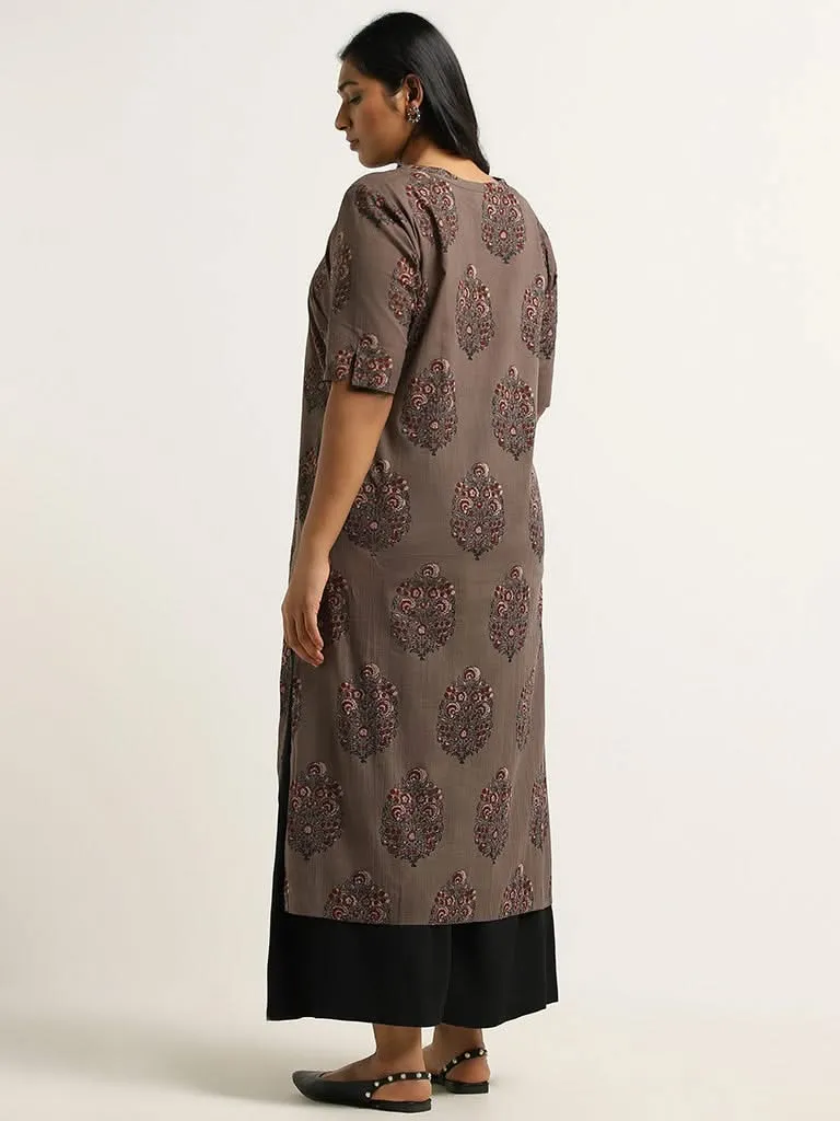 Diza Brown Floral Printed Cotton Kurta