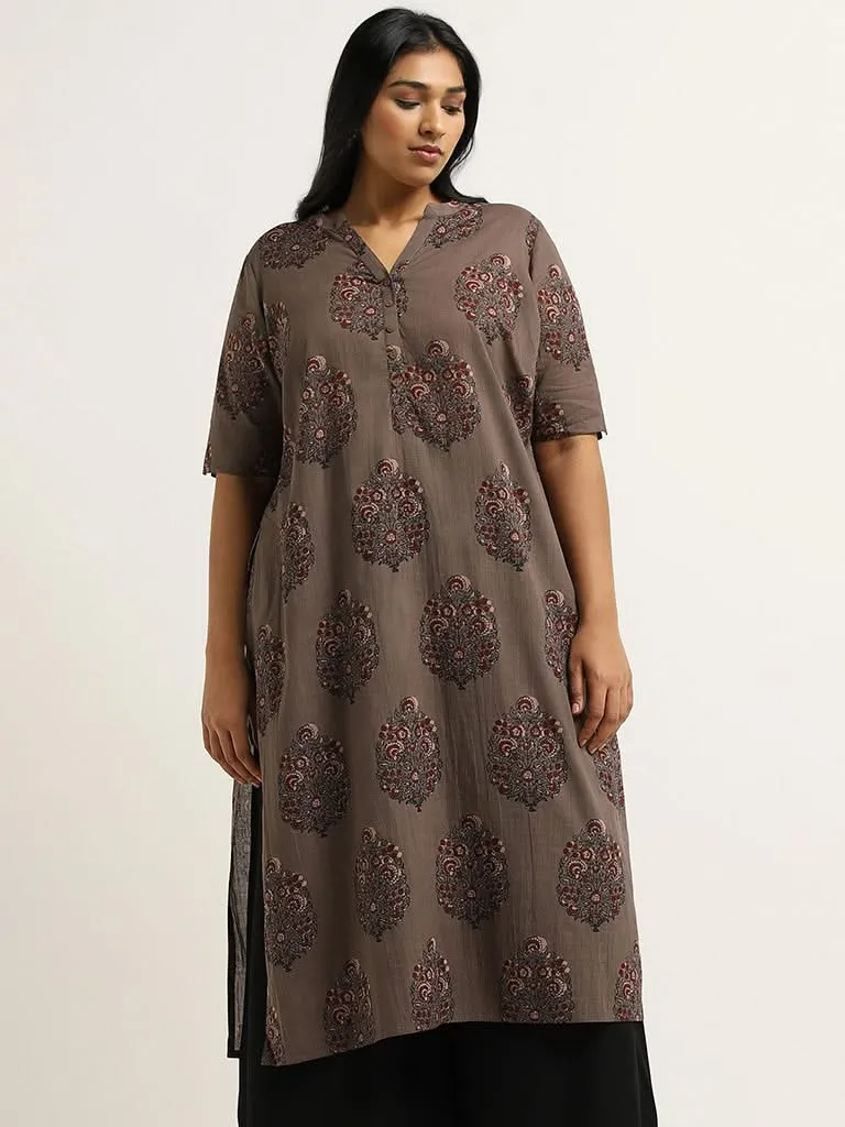 Diza Brown Floral Printed Cotton Kurta