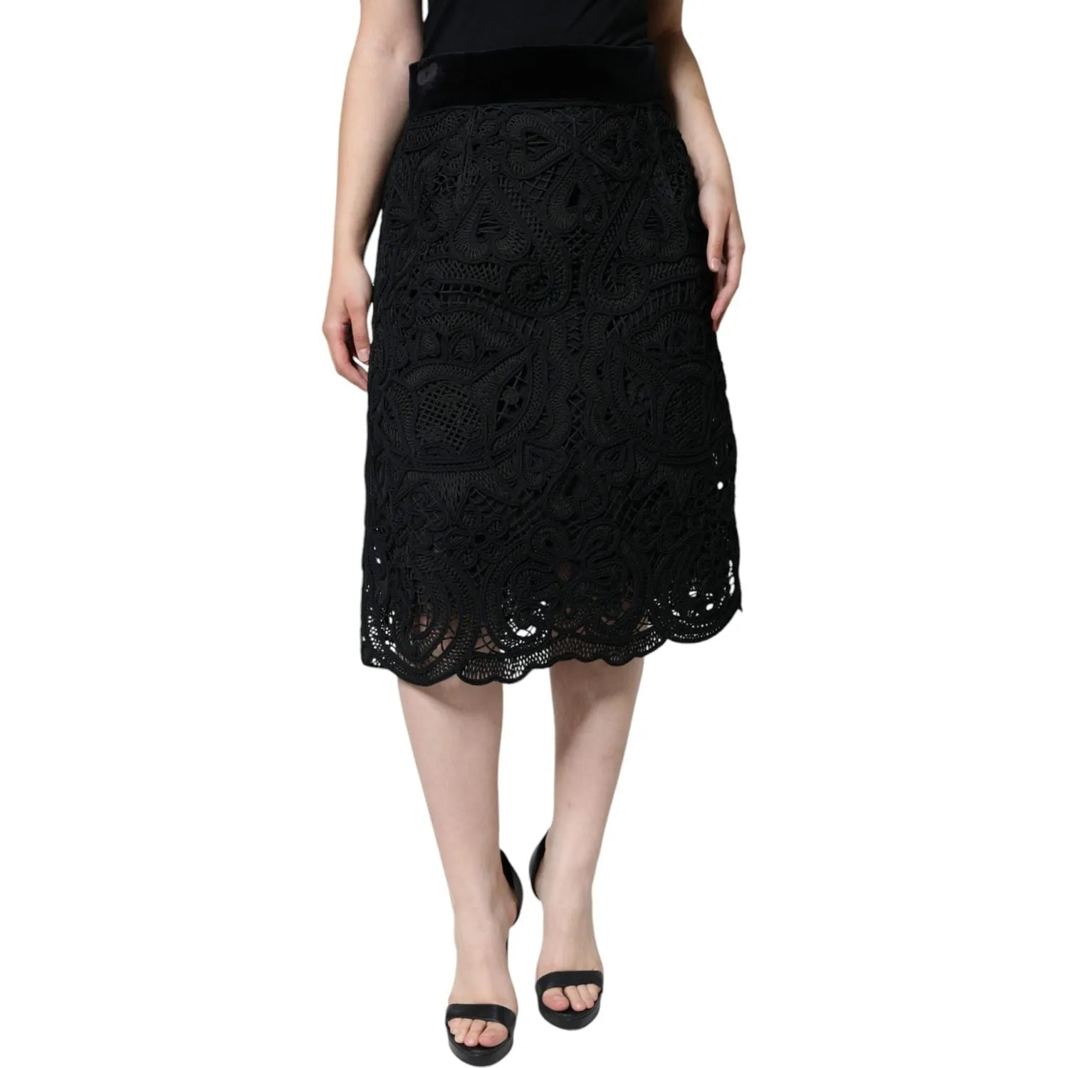 Dolce & Gabbana Black Floral Lace High Waist Pencil Cut Skirt