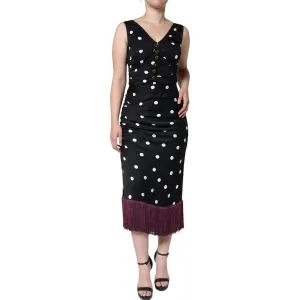 Dolce & Gabbana Black Silk Polka Dot V-neck Tassel Midi Dress