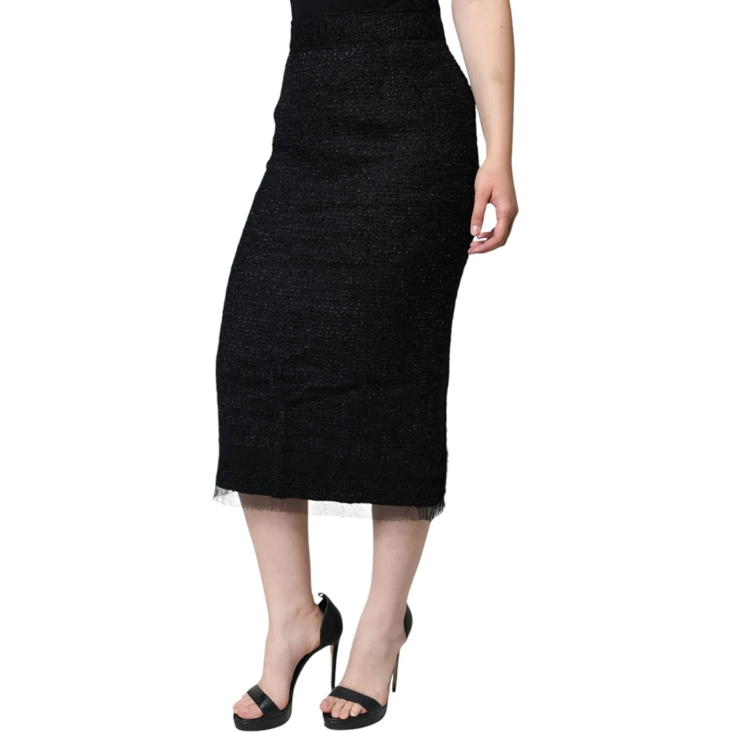 Dolce & Gabbana Black Virgin Wool Pencil Cut Midi Skirt