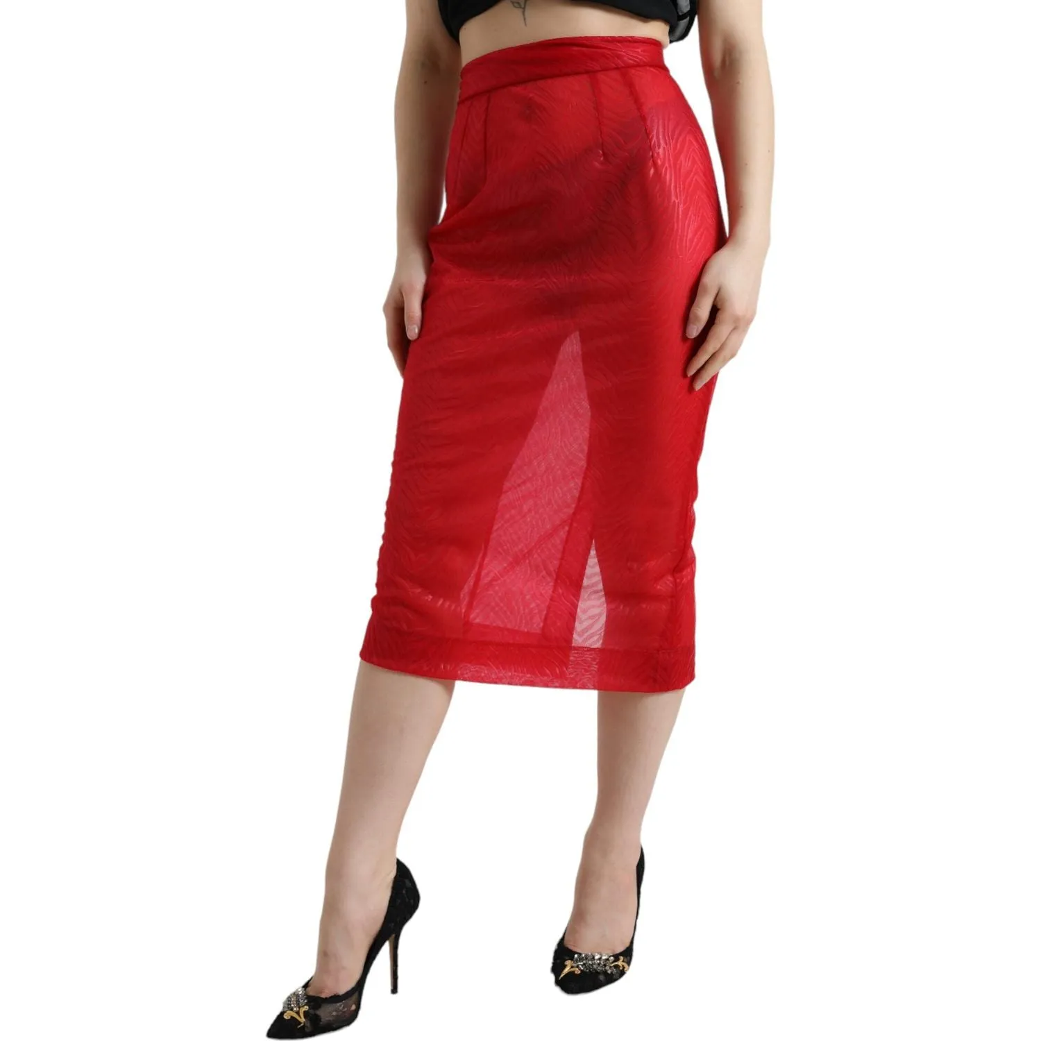 Dolce & Gabbana Chic Red High Waist Sheer Midi Skirt