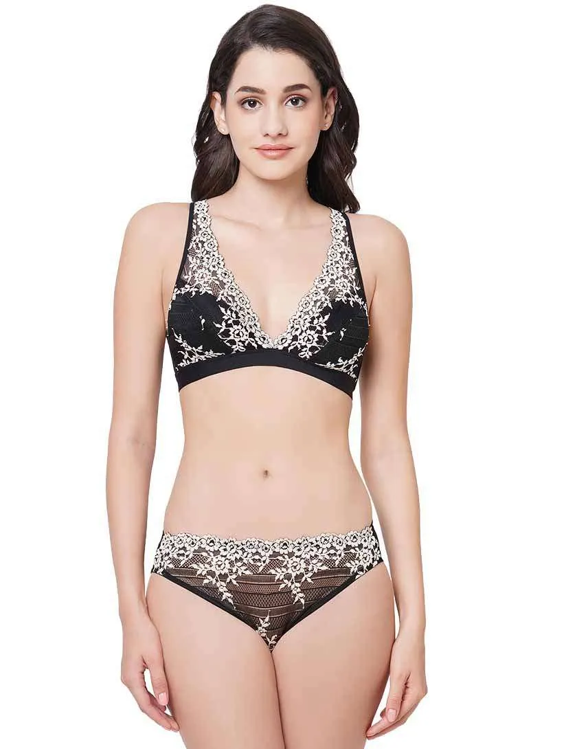 Embrace Lace Non Padded Non Wired 3/4th Cup Bridal Wear Medium coverage Lace Bralette - Black