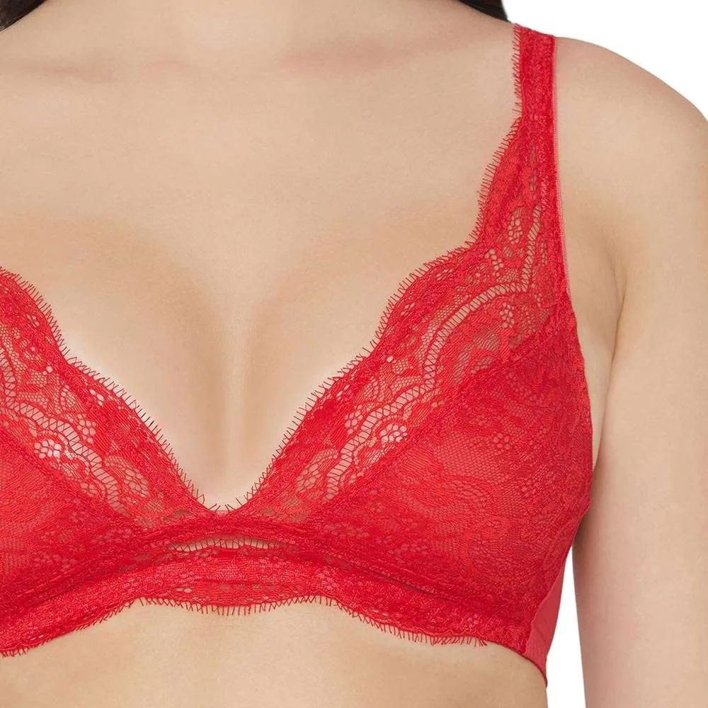 Essential Lace Non Padded Non Wired 3/4th cup Bridal Wear Lace Bralette - Red