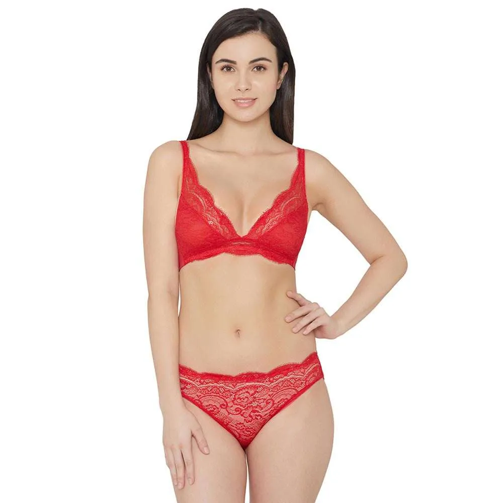 Essential Lace Non Padded Non Wired 3/4th cup Bridal Wear Lace Bralette - Red