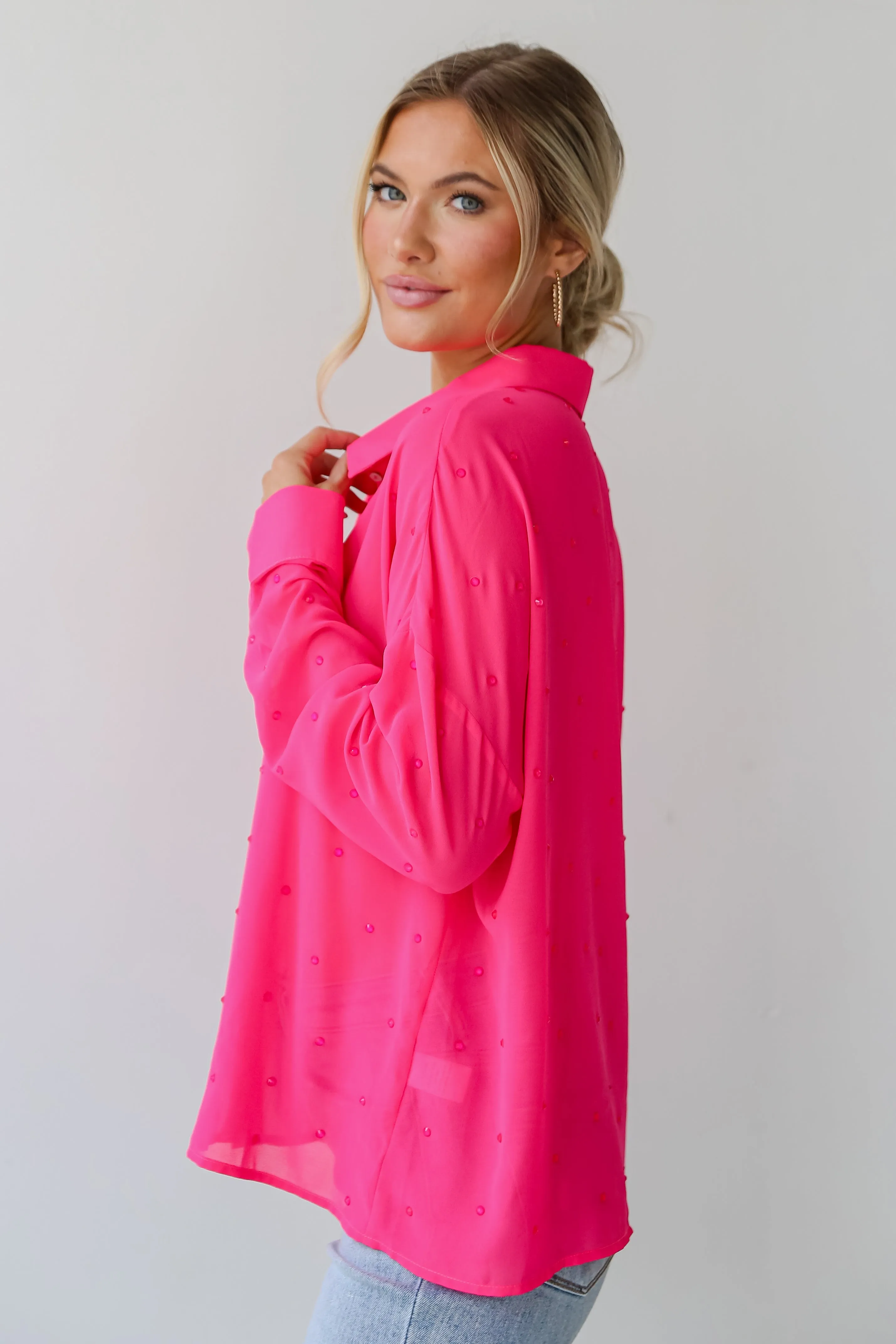 FINAL SALE - Illuminated Design Fuchsia Rhinestone Button-Up Blouse